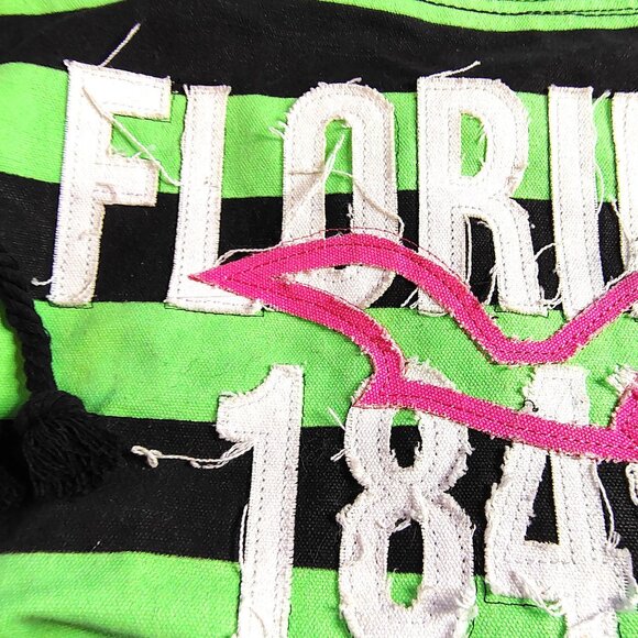 Distressed Canvas Tote Bag Drawstring Florida 1845 Green & Black Striped Handles - Picture 2 of 15